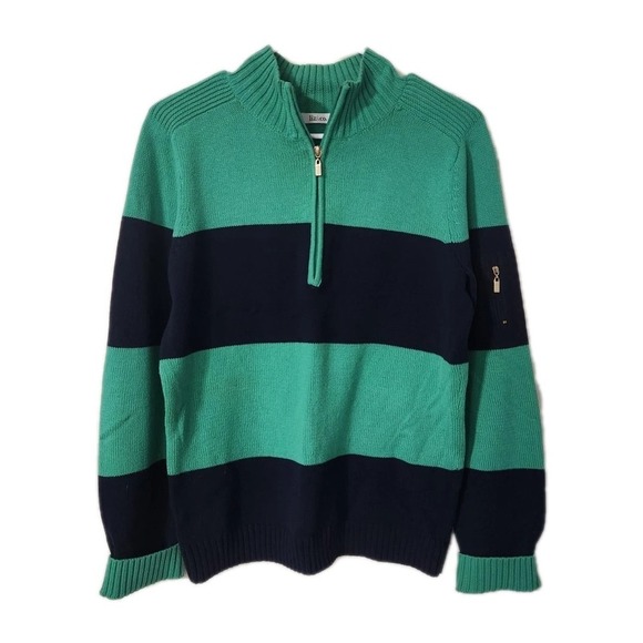 Liz & Co 100% Cotton 1/4 Zip Preppy Sweater Green & Navy Stripes, Medium - Picture 1 of 3